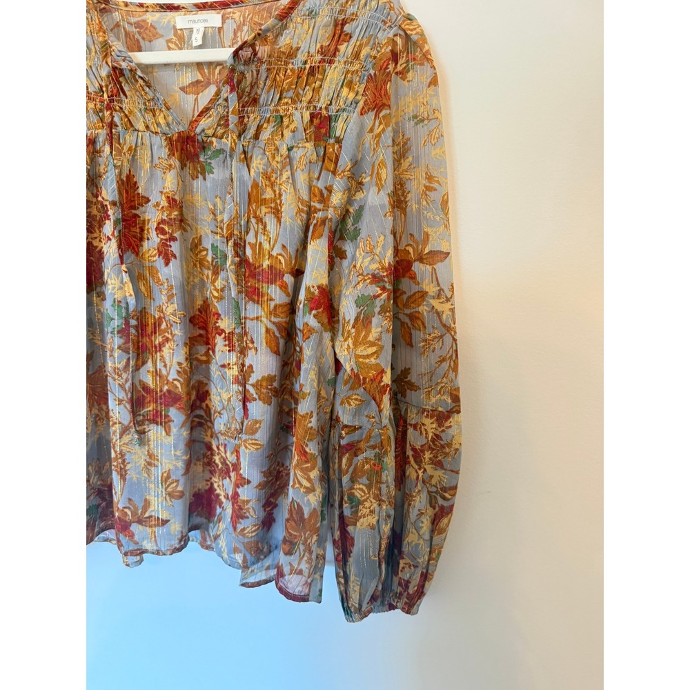 Maurices • Floral Metallic Blouson Peasant Blouse Top Orange Blue Small Boho - Picture 4 of 8